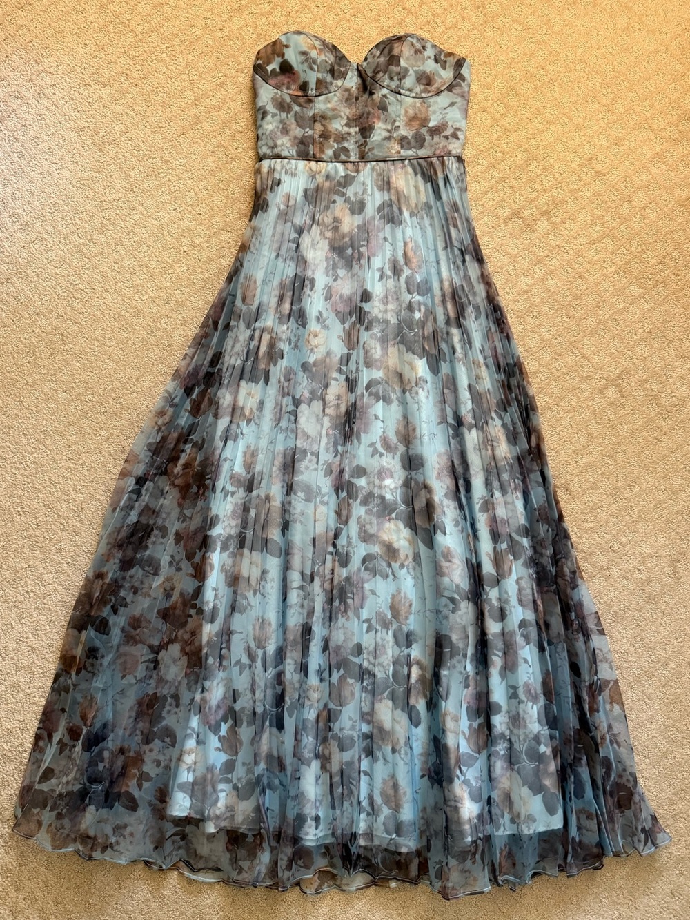 Lulu's Strapless Blue Floral Pleated Organza Gown Most Beautiful Day Maxi Dress - Picture 6 of 11